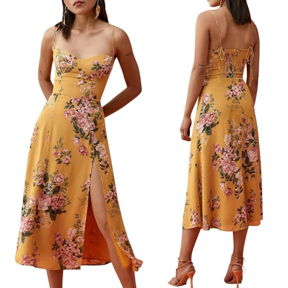 REFORMATION - Women’s ‘Juliette' Midi Dress, Tie Shoulders Slit - Yellow Size 2 - Picture 1 of 13